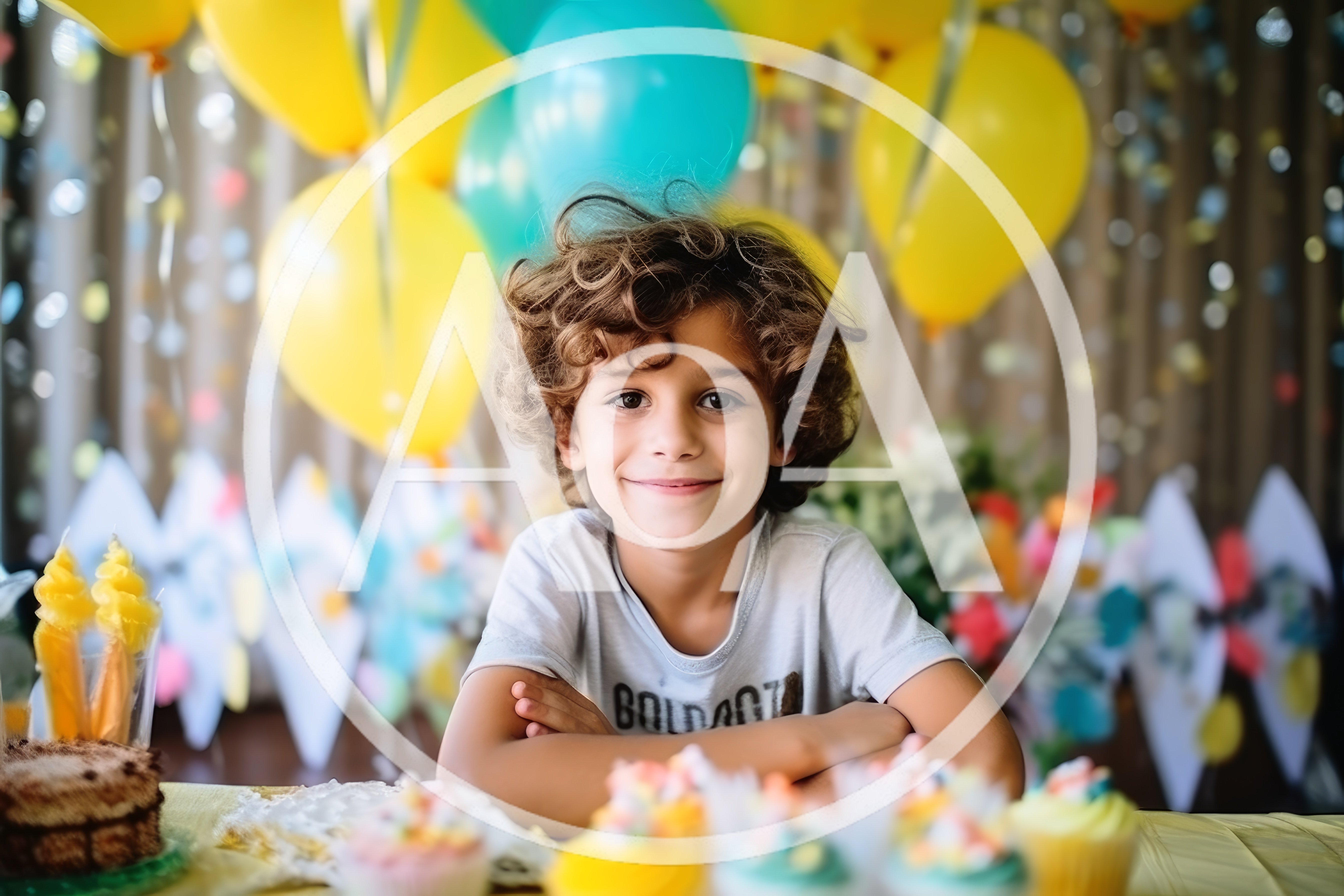 Happy Young Boy Celebrating Birthday With Cupcakes