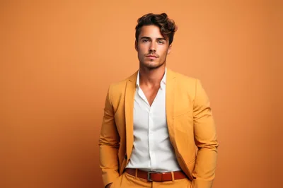 Handsome Man In Yellow Suit Standing Against Orange Background