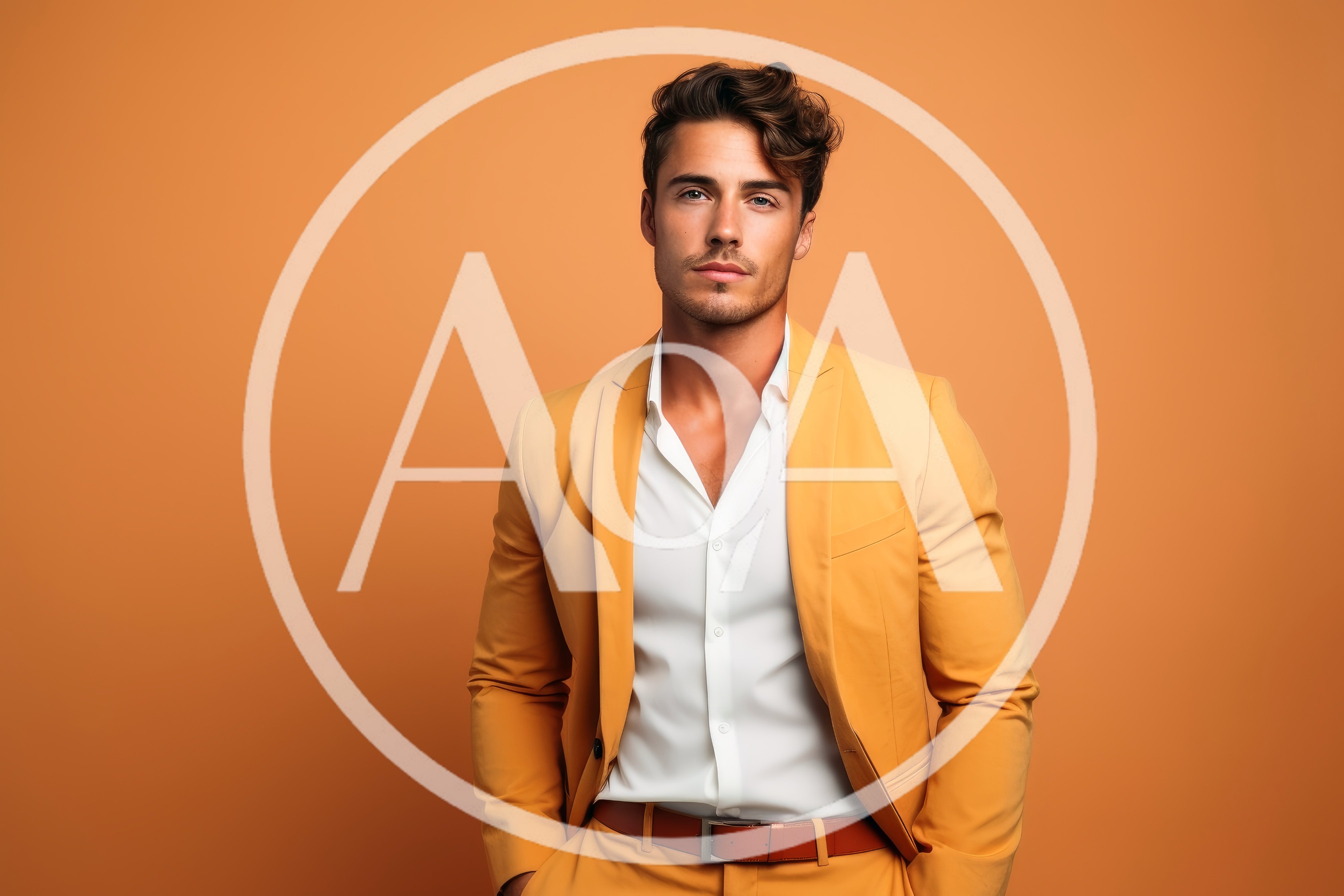 Handsome Man In Yellow Suit Standing Against Orange Background