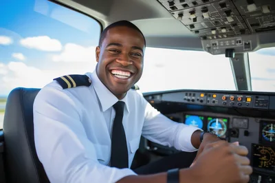 Smiling Airline Pilot Sitting In Airplane Cockpit