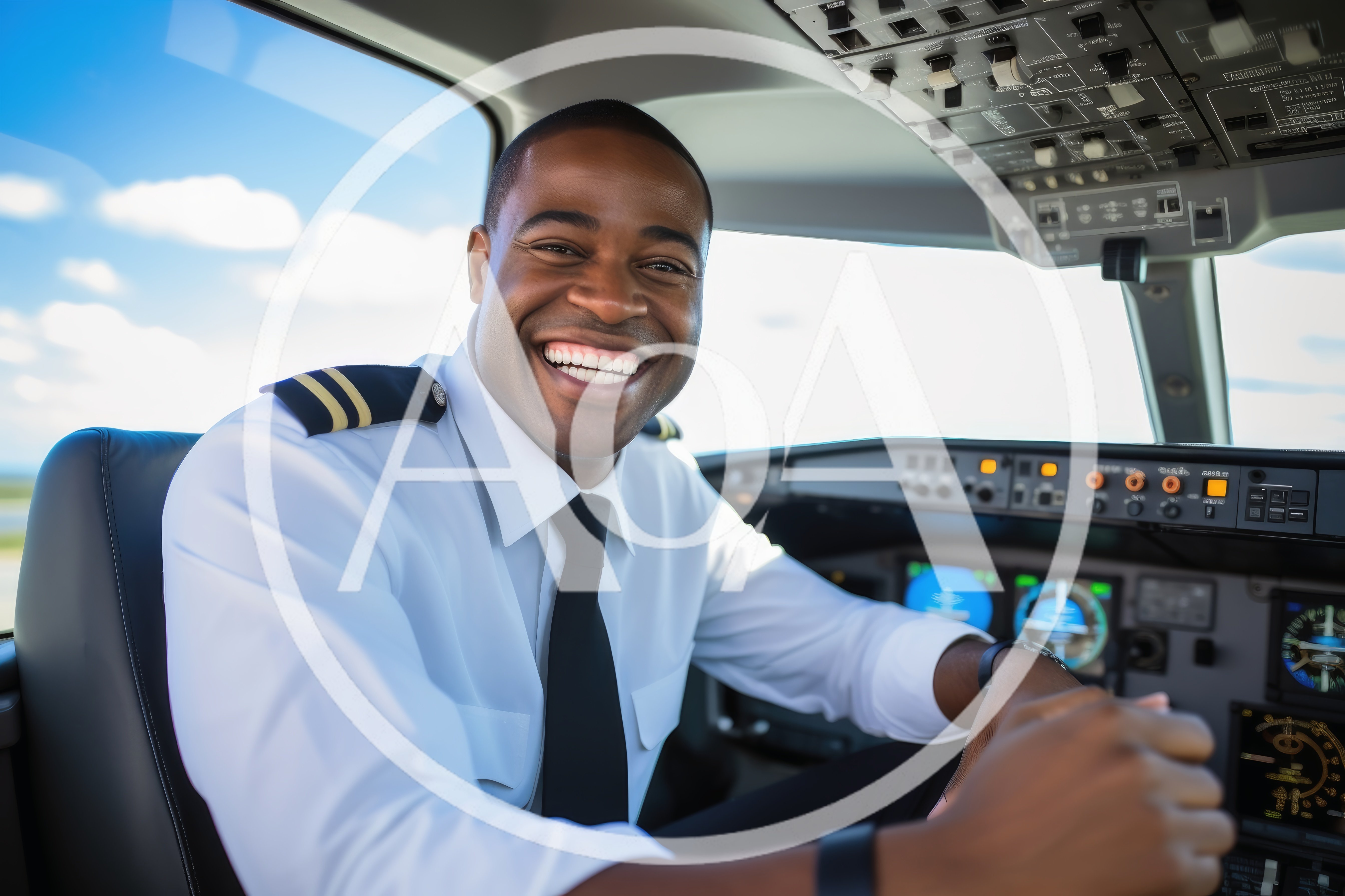Smiling Airline Pilot Sitting In Airplane Cockpit