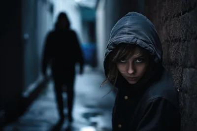 Young Woman Hiding From A Shadowy Figure In Alley