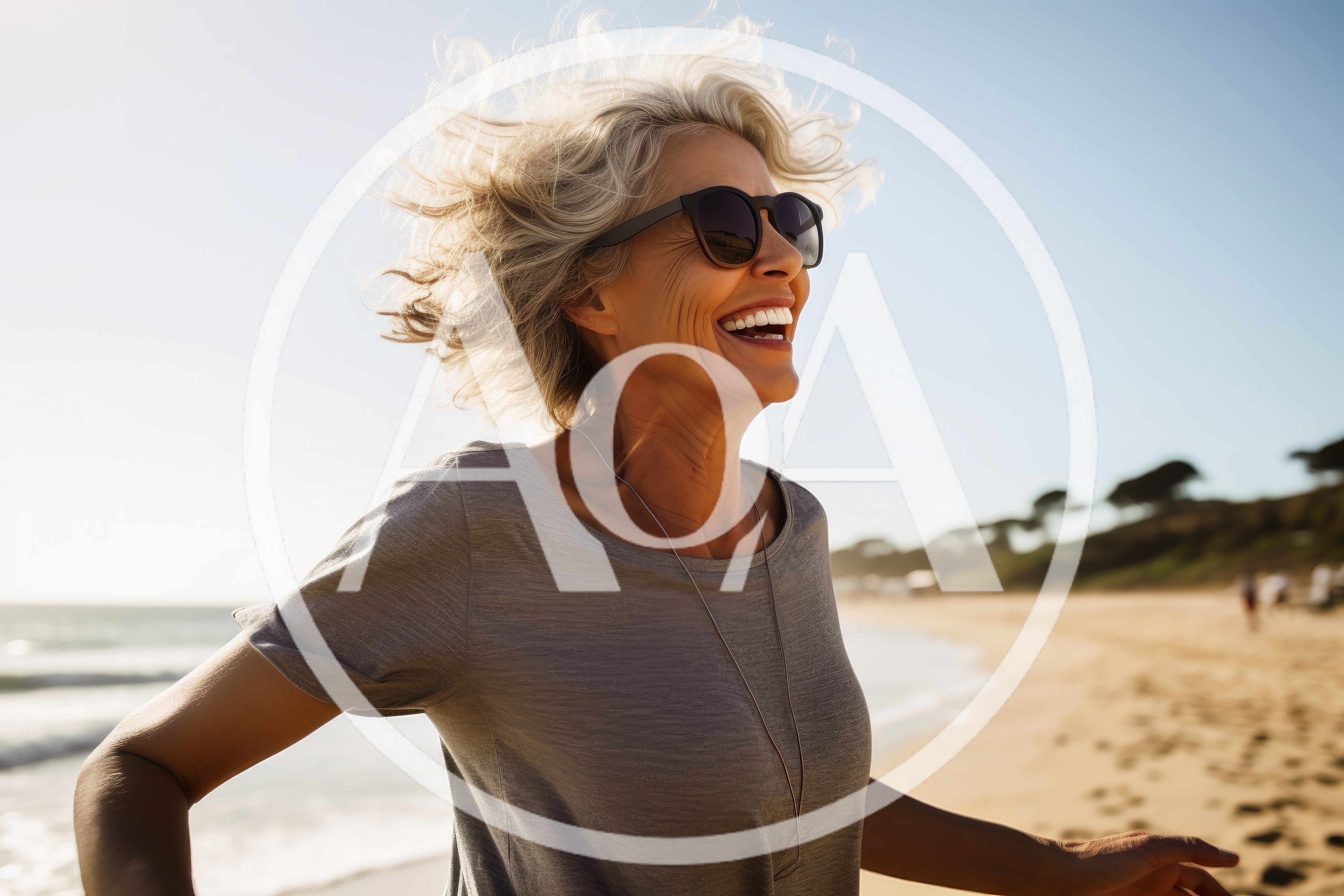 Happy Mature Woman Running On A Sunny Beach