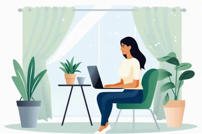 Woman Working On Laptop In A Cozy Home Office