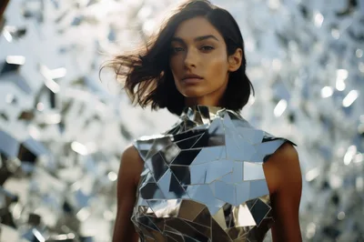 Fashion Model Wearing Futuristic Mirror Mosaic Dress