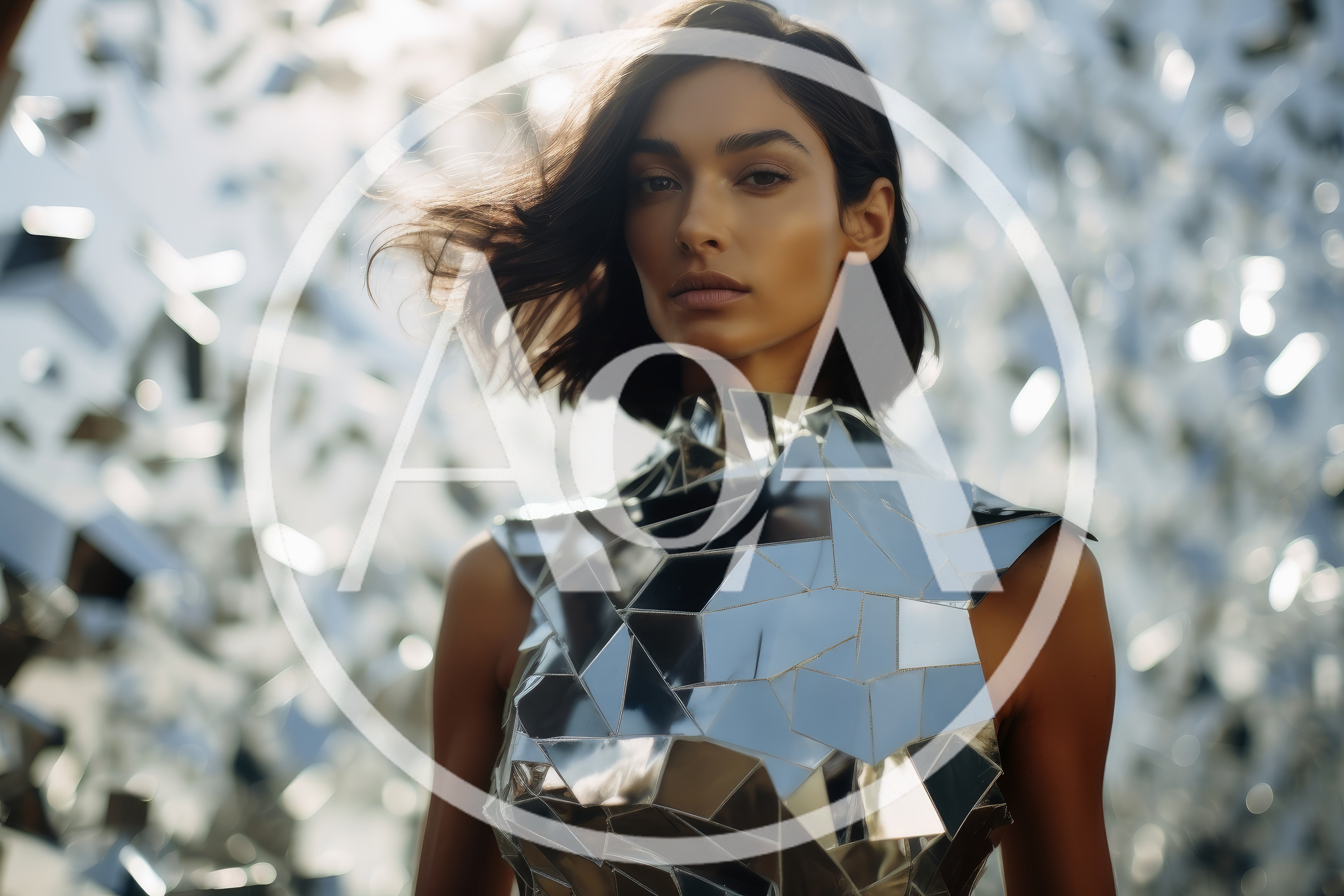 Fashion Model Wearing Futuristic Mirror Mosaic Dress