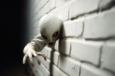 Creepy Alien Creature Emerging From White Brick Wall