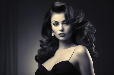 Glamorous Woman With Voluminous Hair In Evening Gown