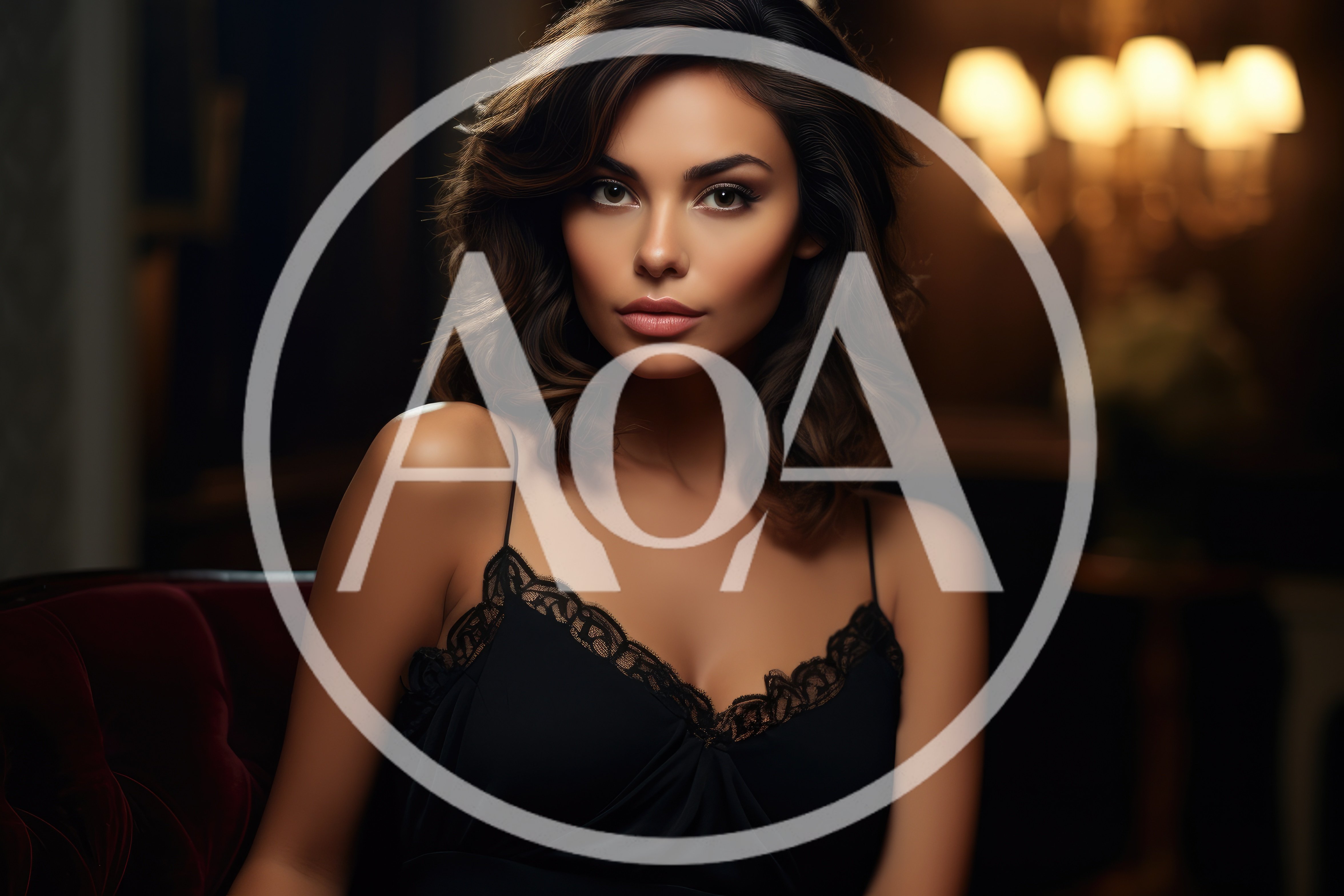 Elegant Woman In Black Lace Camisole Sitting In Dim Room
