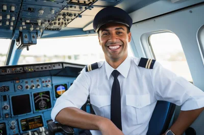 Smiling Airline Pilot Sitting In Airplane Cockpit
