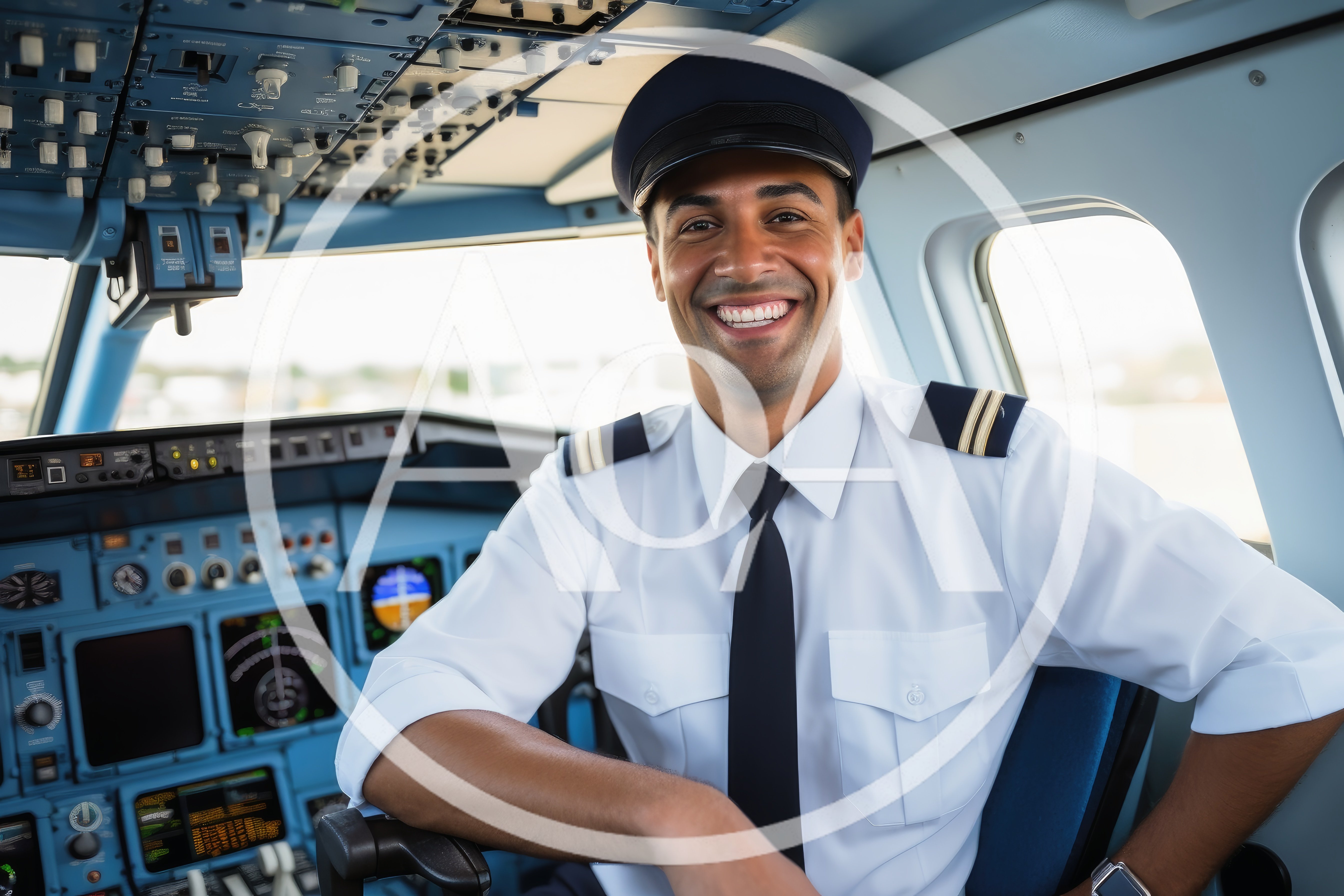 Smiling Airline Pilot Sitting In Airplane Cockpit