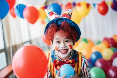 Young Boy Dressed As A Clown Holding Balloons