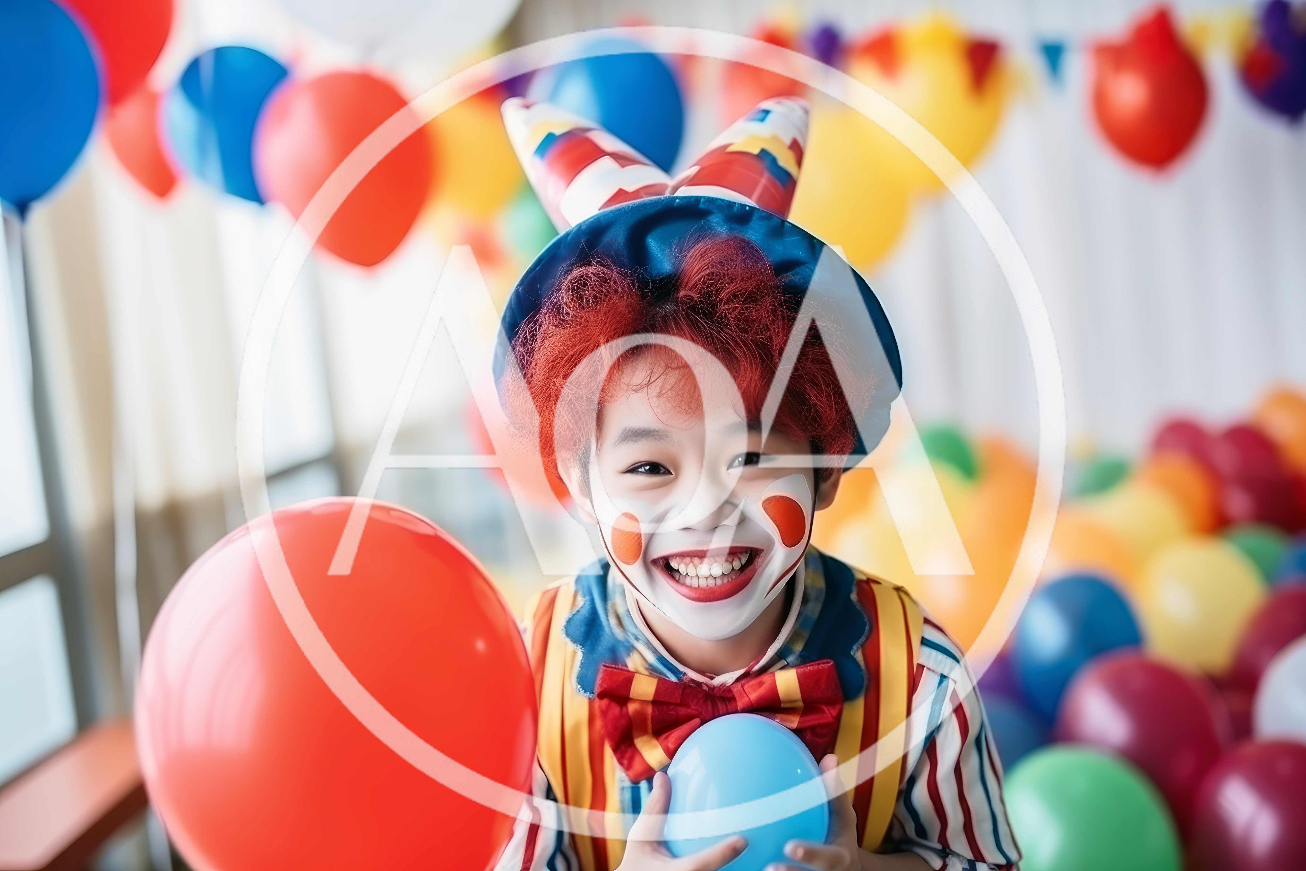 Young Boy Dressed As A Clown Holding Balloons