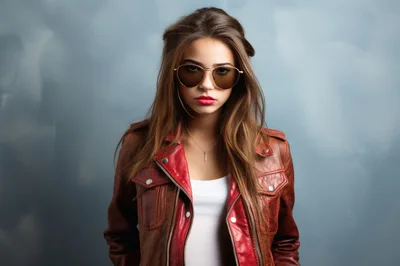 Stylish Young Woman Wearing Leather Jacket And Sunglasses