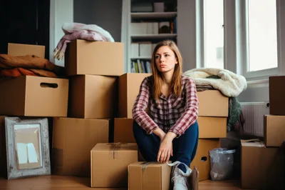Stressed Young Woman Sitting Among Moving Boxes
