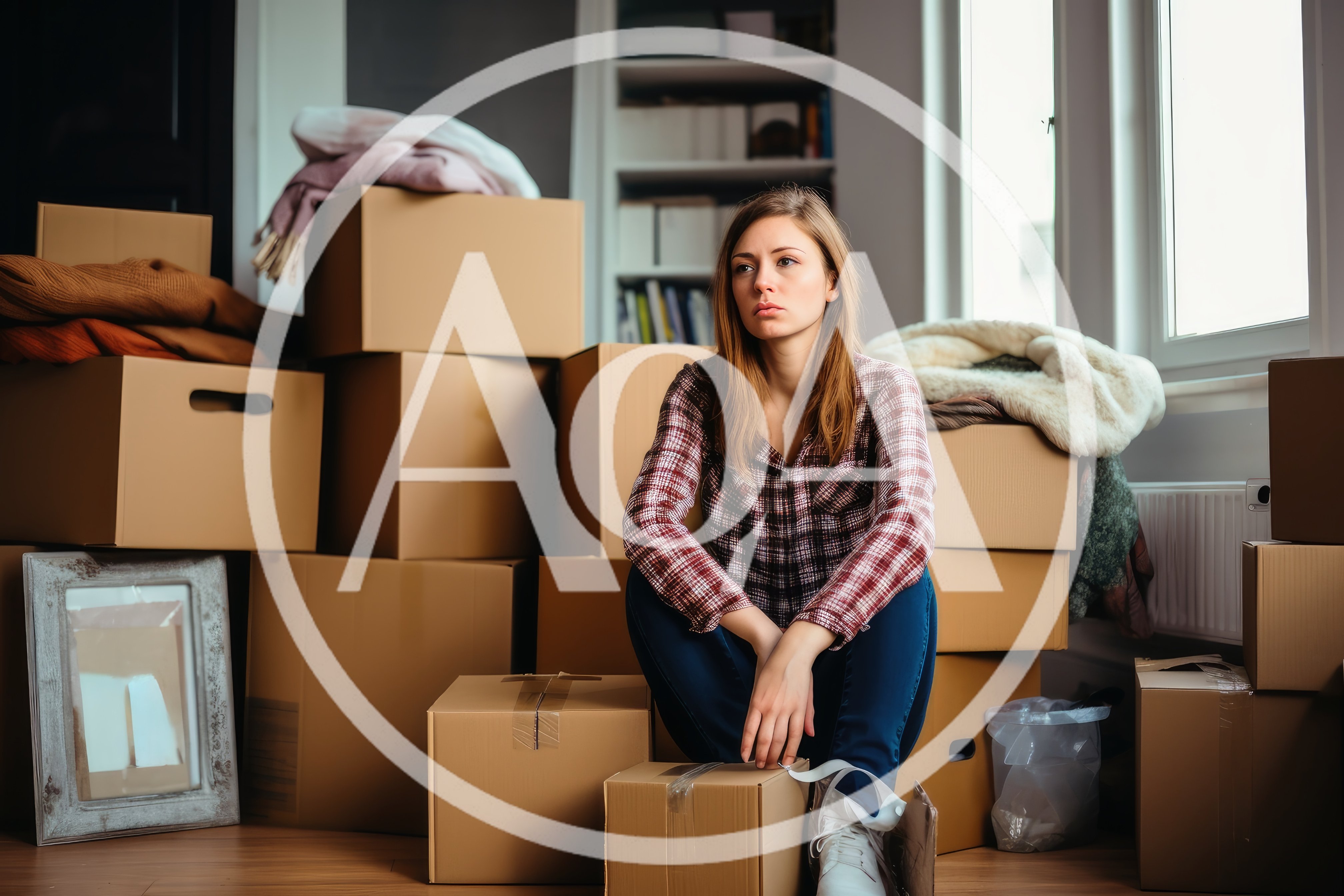 Stressed Young Woman Sitting Among Moving Boxes