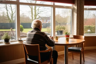 Elderly Man Sitting Alone At A Table By The Window