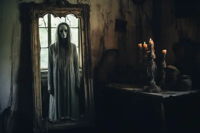 Ghostly Figure Standing Inside An Antique Mirror