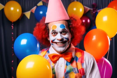 Portrait of a Smiling Clown with Colorful Balloons