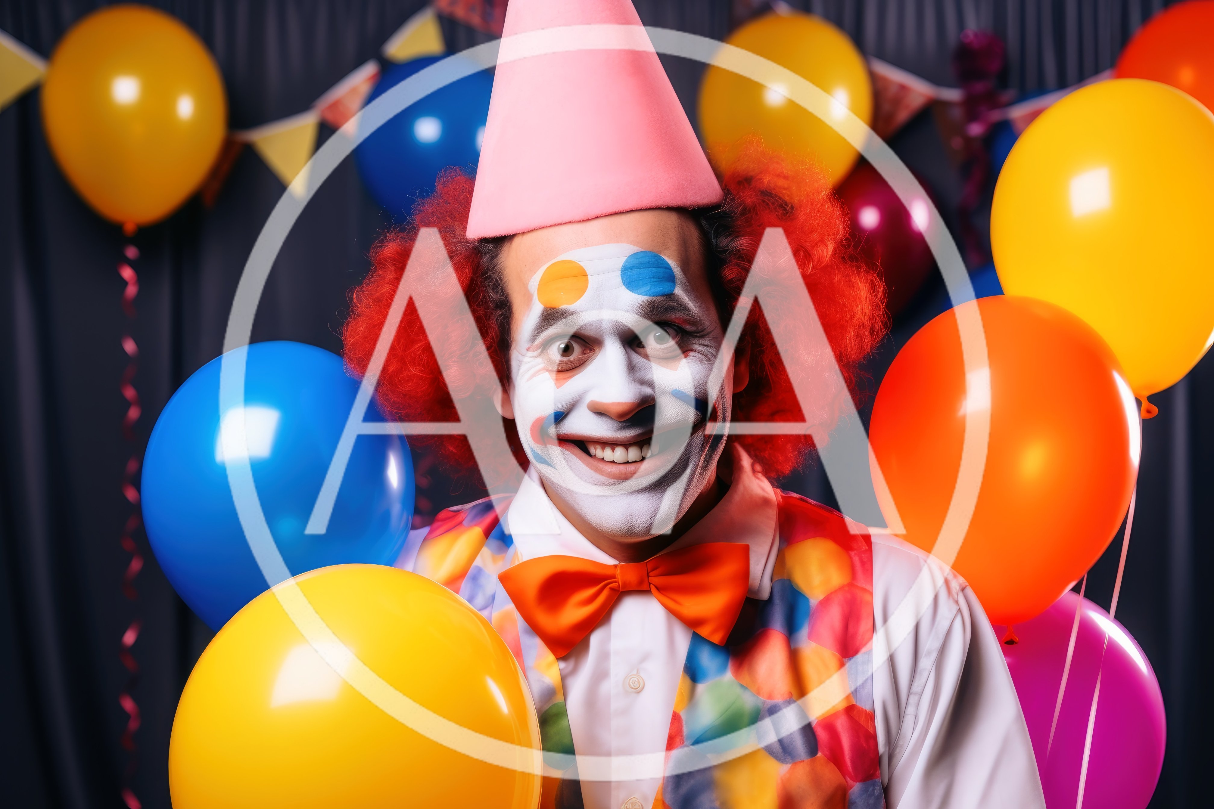 Portrait of a Smiling Clown with Colorful Balloons