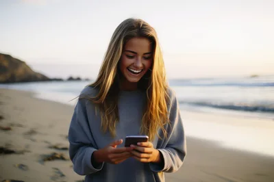 Young Woman Laughing While Using Smartphone On Beach