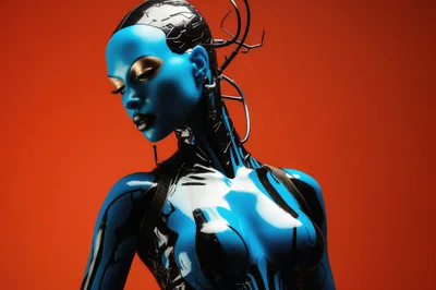 Futuristic Blue Android Portrait With Glossy Cybernetic Details