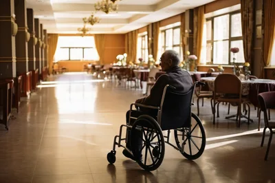 Elderly Man Sitting In Wheelchair In Empty Dining Hall