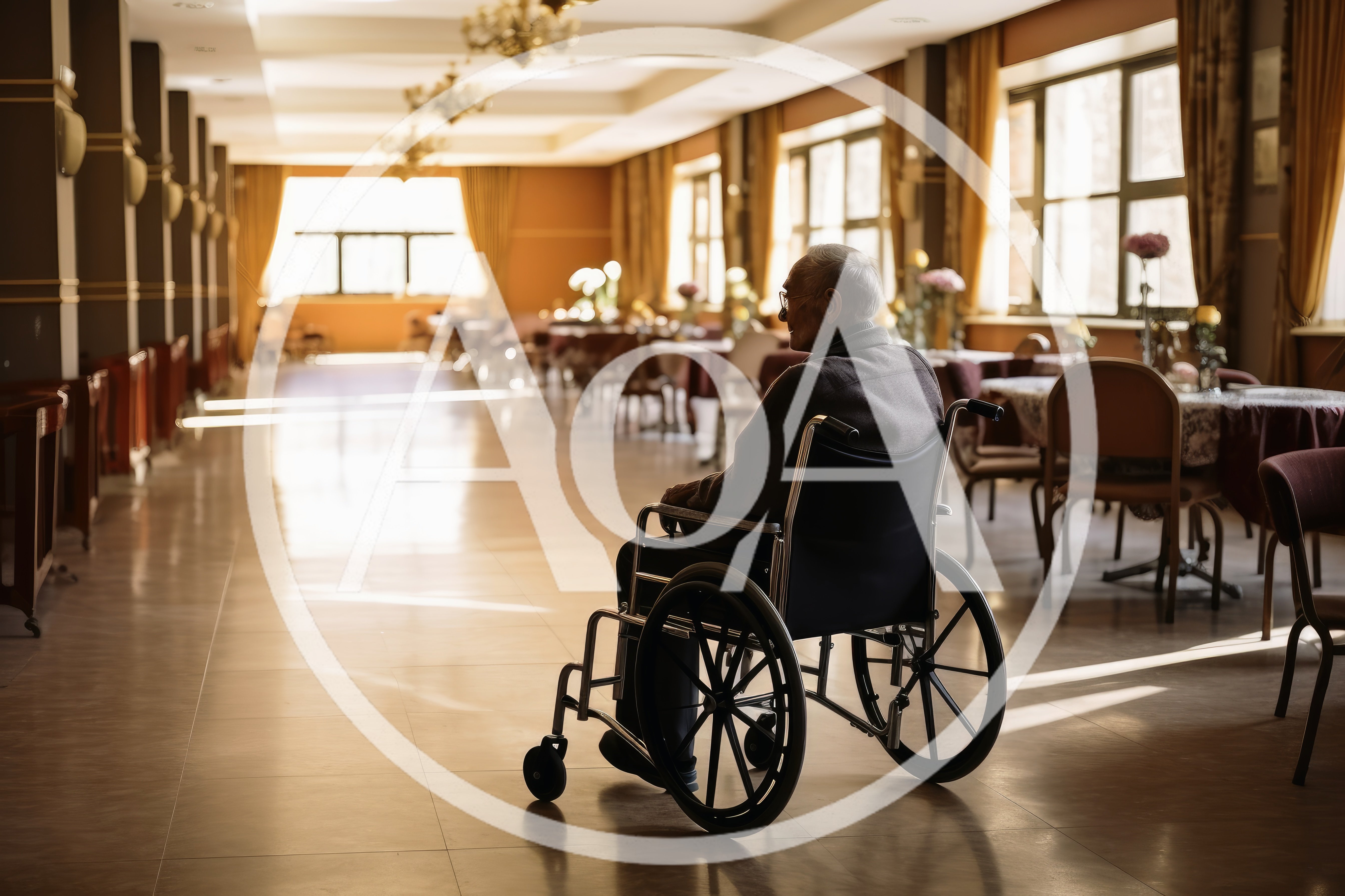 Elderly Man Sitting In Wheelchair In Empty Dining Hall