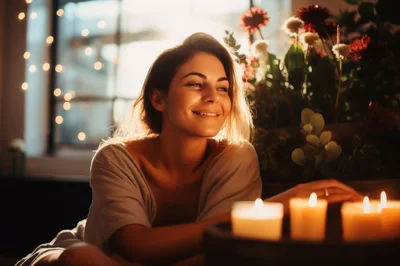 Young Woman Relaxing With Candles And Flowers