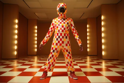 Person Wearing Checkerboard Jumpsuit In Illuminated Hallway