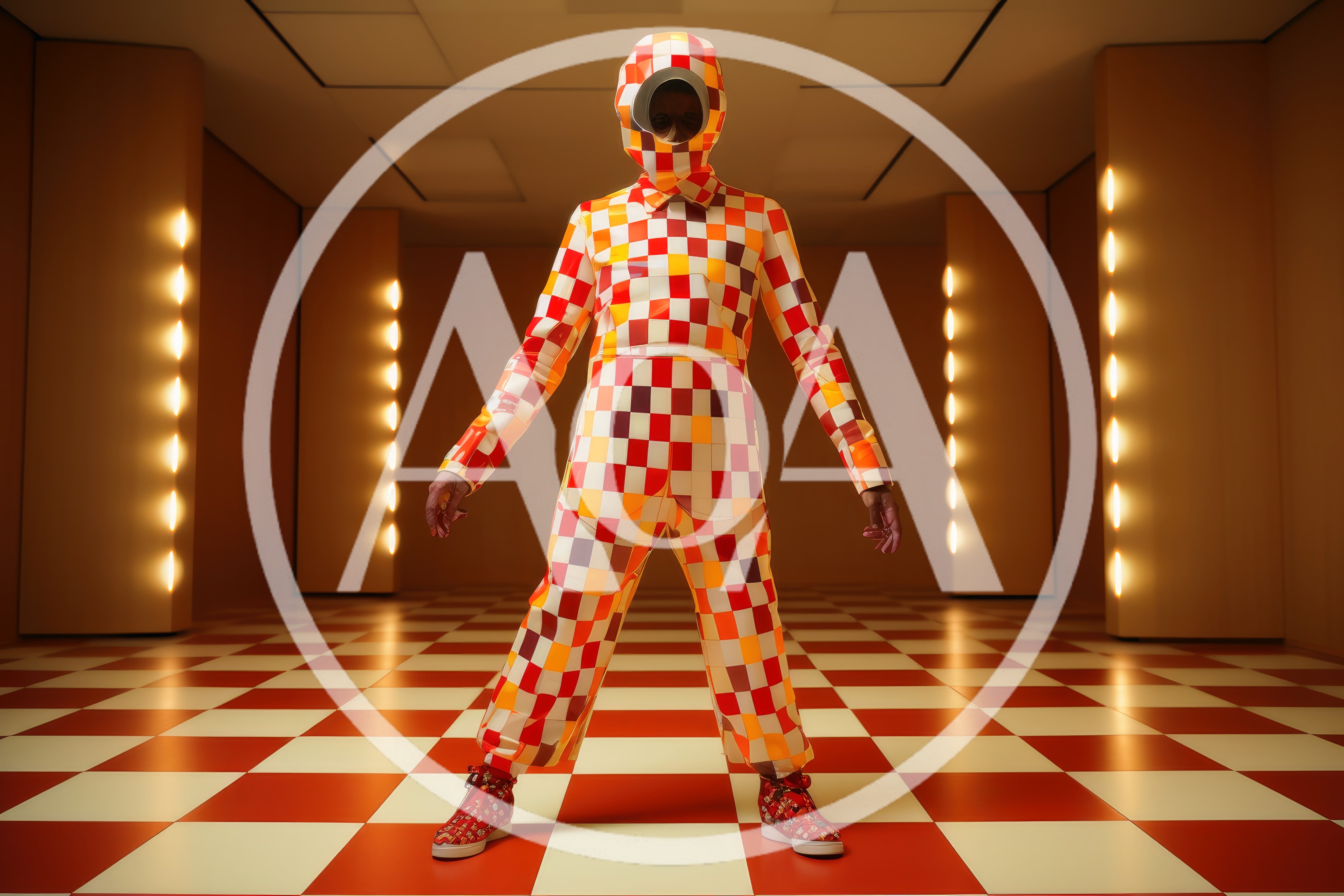 Person Wearing Checkerboard Jumpsuit In Illuminated Hallway