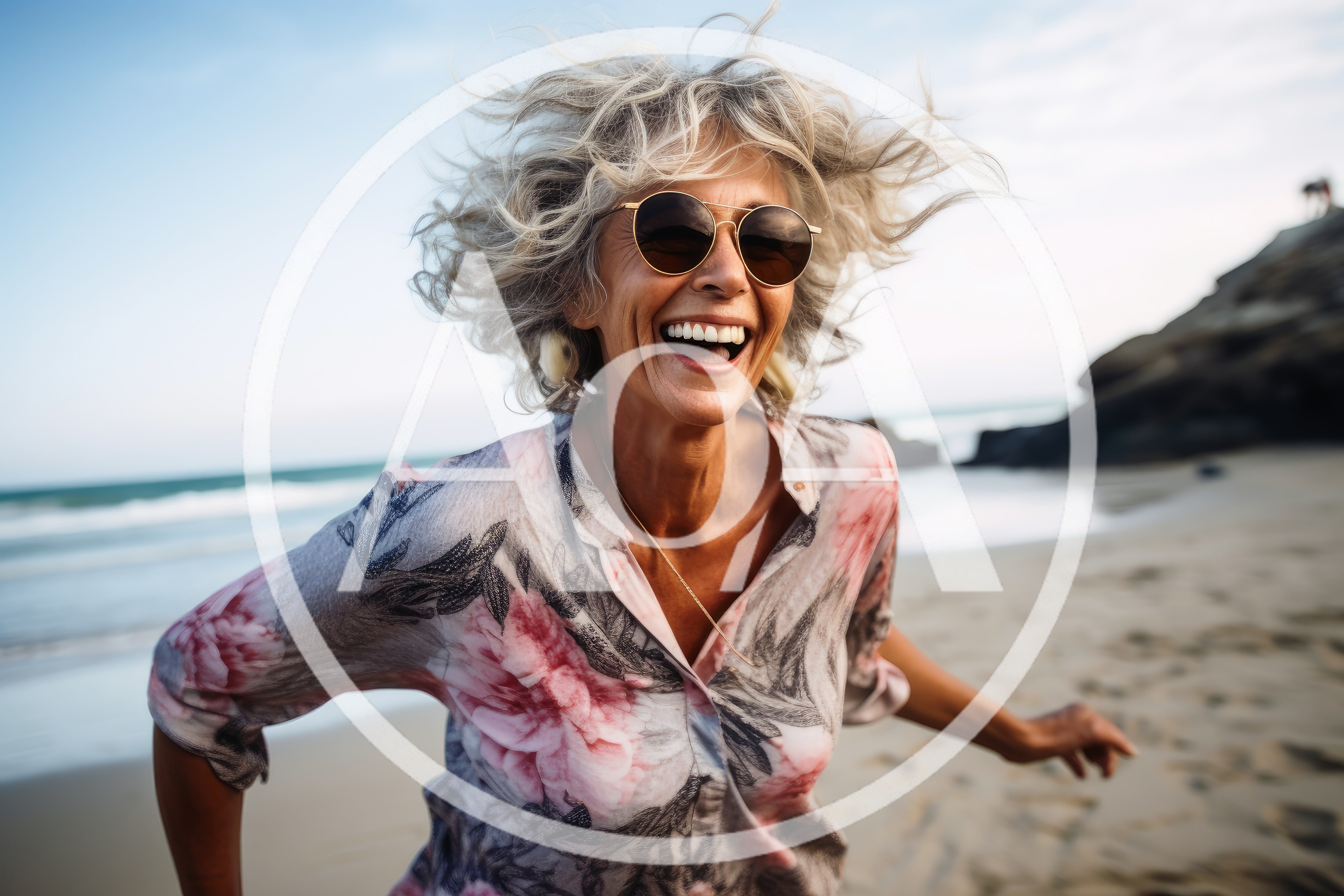 Happy Mature Woman Running On The Beach