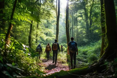 Group Of Hikers Walking Through A Lush Green Forest