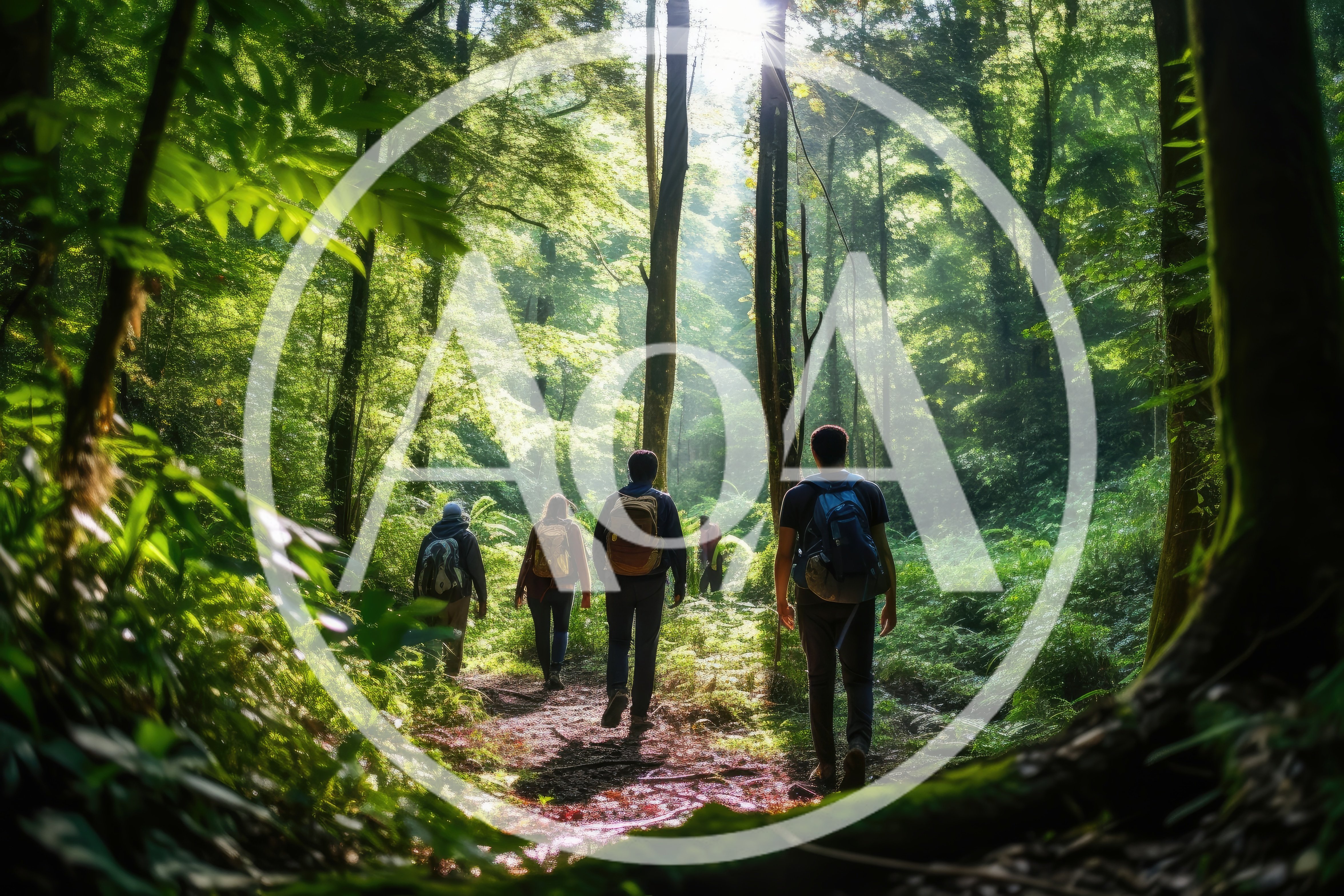 Group Of Hikers Walking Through A Lush Green Forest