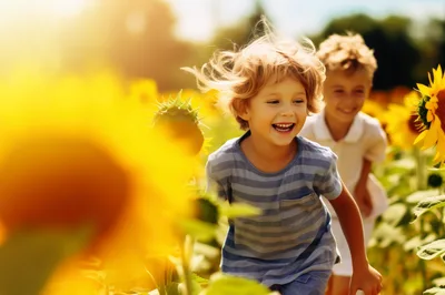 Two Young Boys Running Through A Sunny Sunflower Field