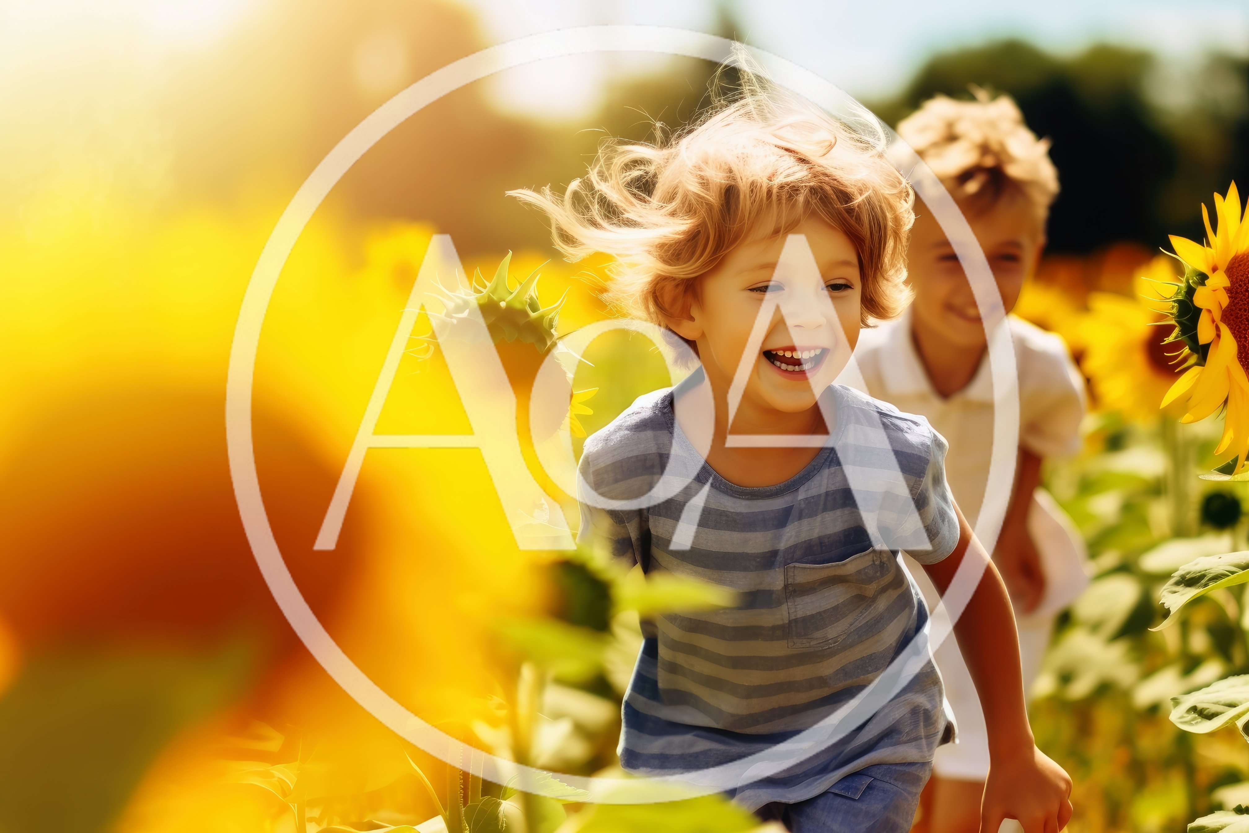 Two Young Boys Running Through A Sunny Sunflower Field