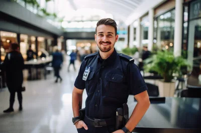 Friendly Security Guard Standing In A Modern Shopping Mall