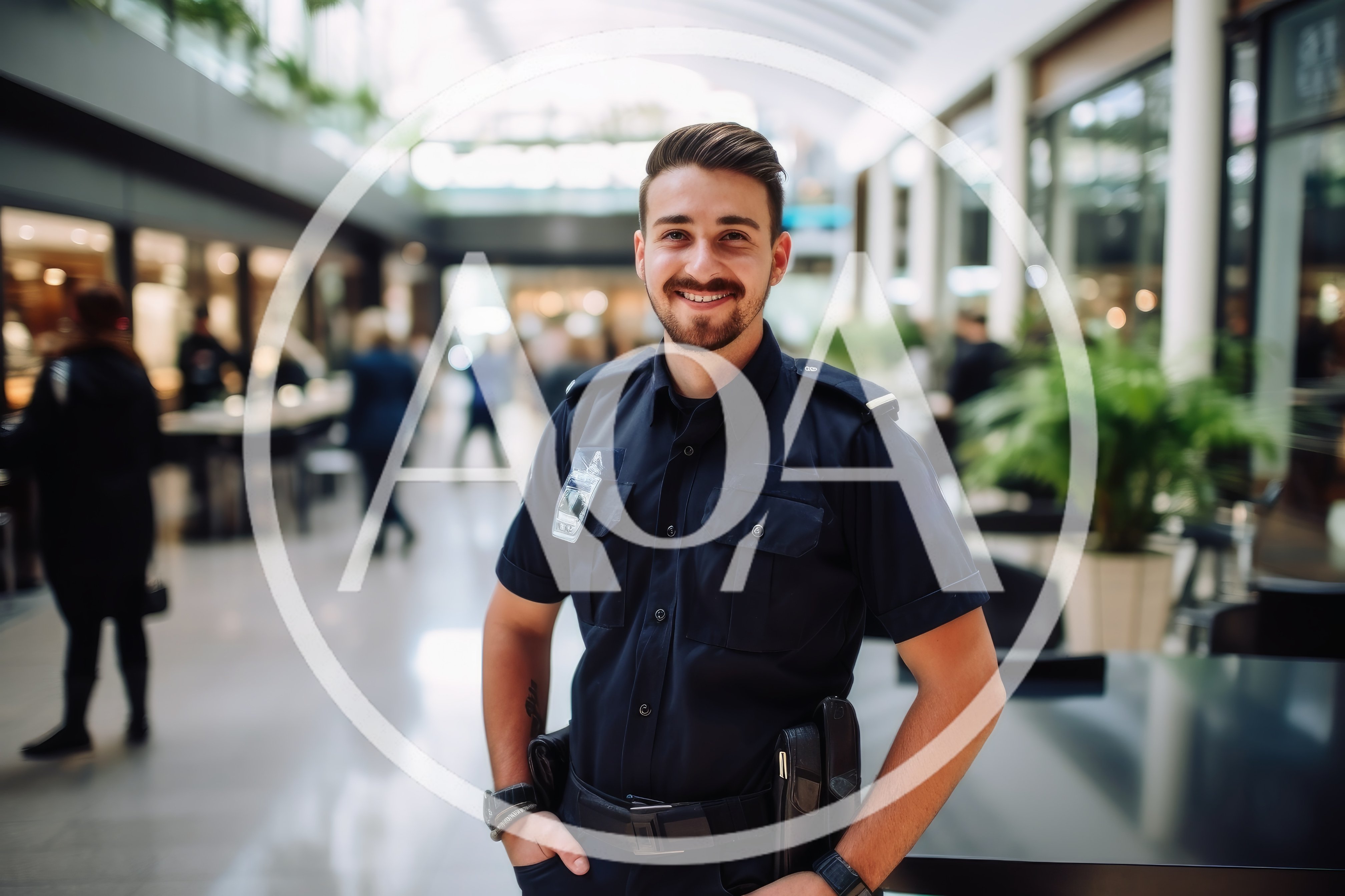 Friendly Security Guard Standing In A Modern Shopping Mall