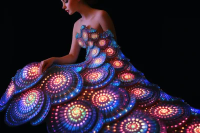Woman Wearing A Futuristic Glowing LED Scale Dress