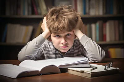Stressed Young Boy Studying At A Library Desk