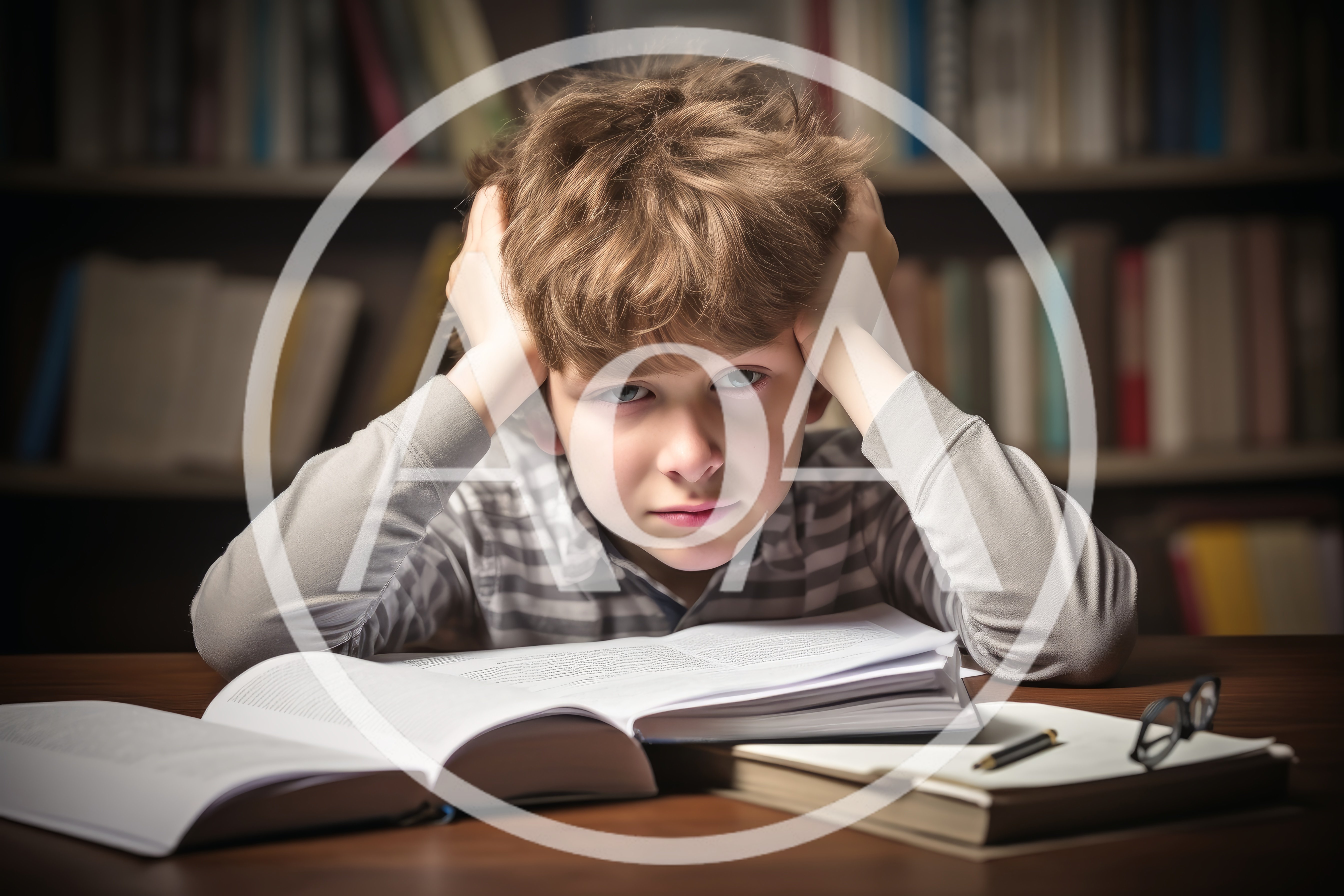 Stressed Young Boy Studying At A Library Desk