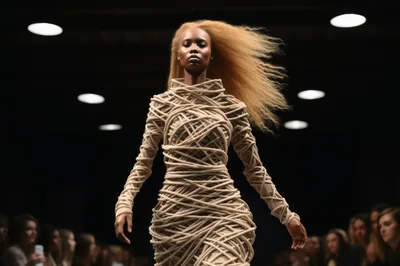 Model Walking Runway In Avant Garde Rope Dress