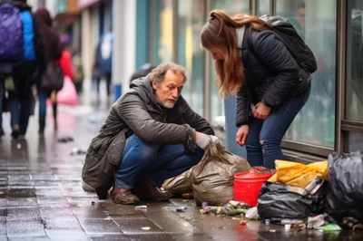 Homeless Man Sorting Through Trash With A Young Woman