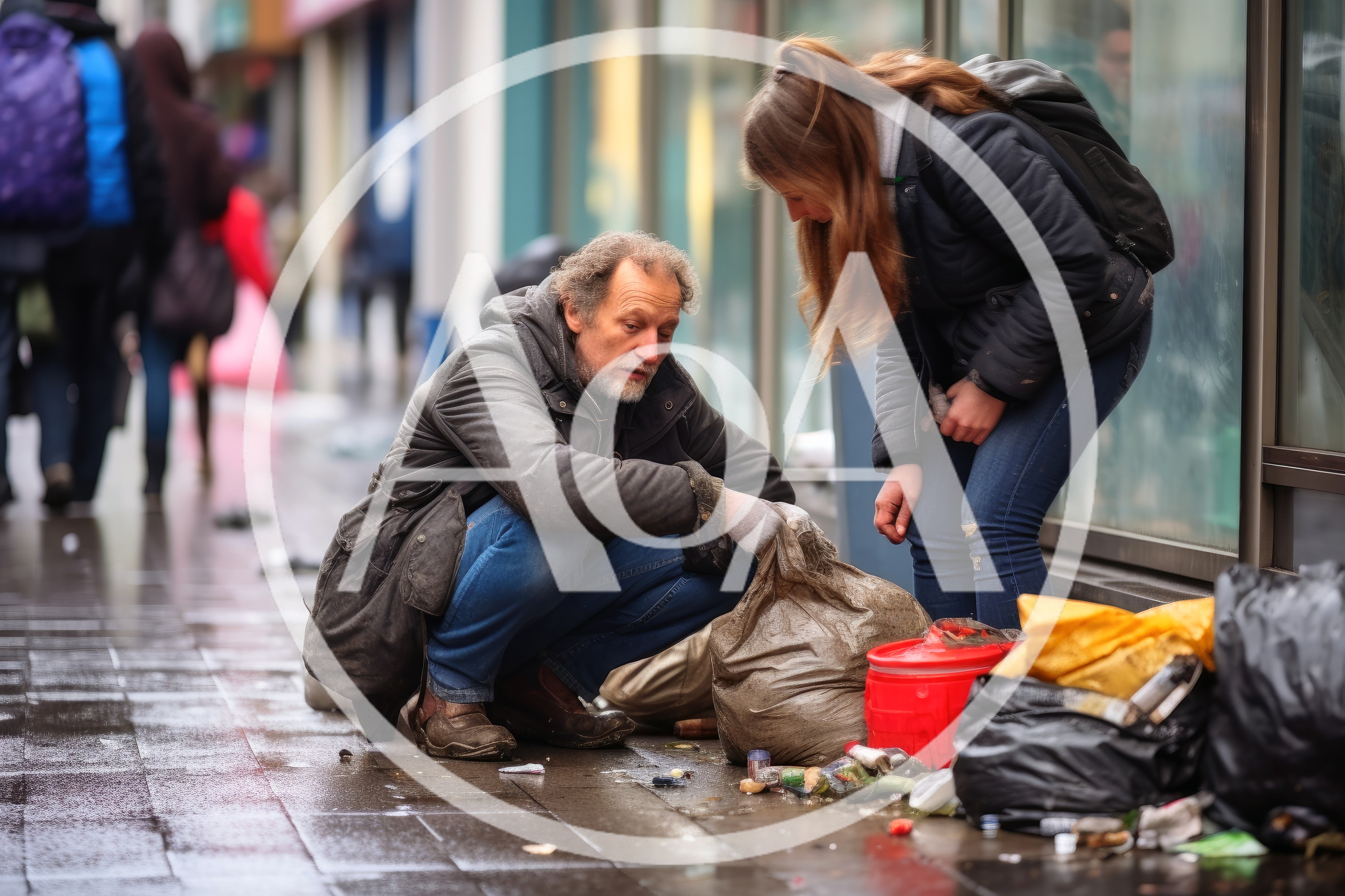 Homeless Man Sorting Through Trash With A Young Woman