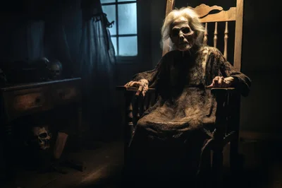 Creepy Elderly Woman Sitting In A Dark Rocking Chair