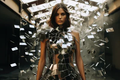 Fashion Model Wearing Futuristic Mirror Mosaic Dress