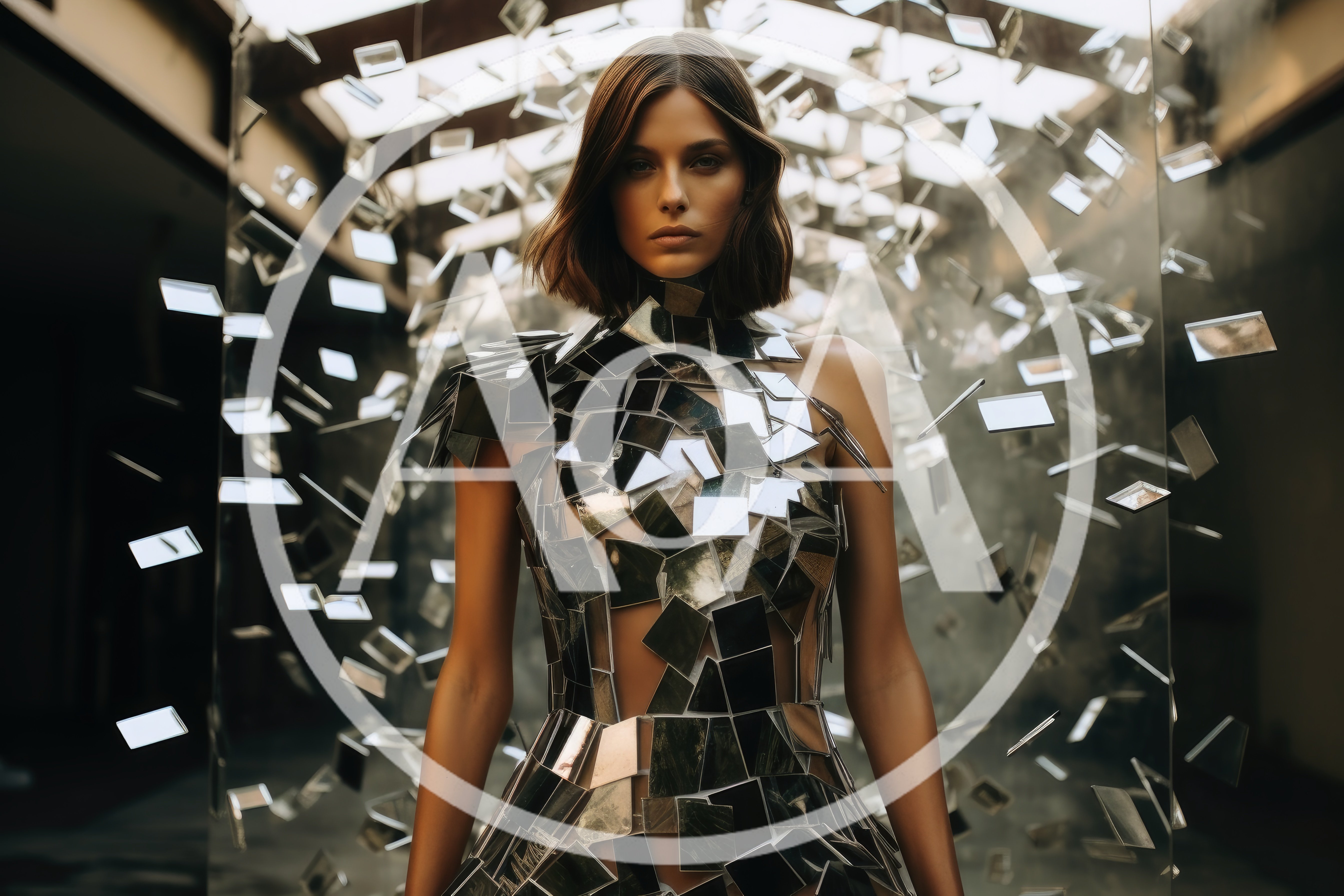 Fashion Model Wearing Futuristic Mirror Mosaic Dress