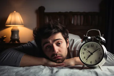 Tired Man Lying In Bed With Alarm Clock
