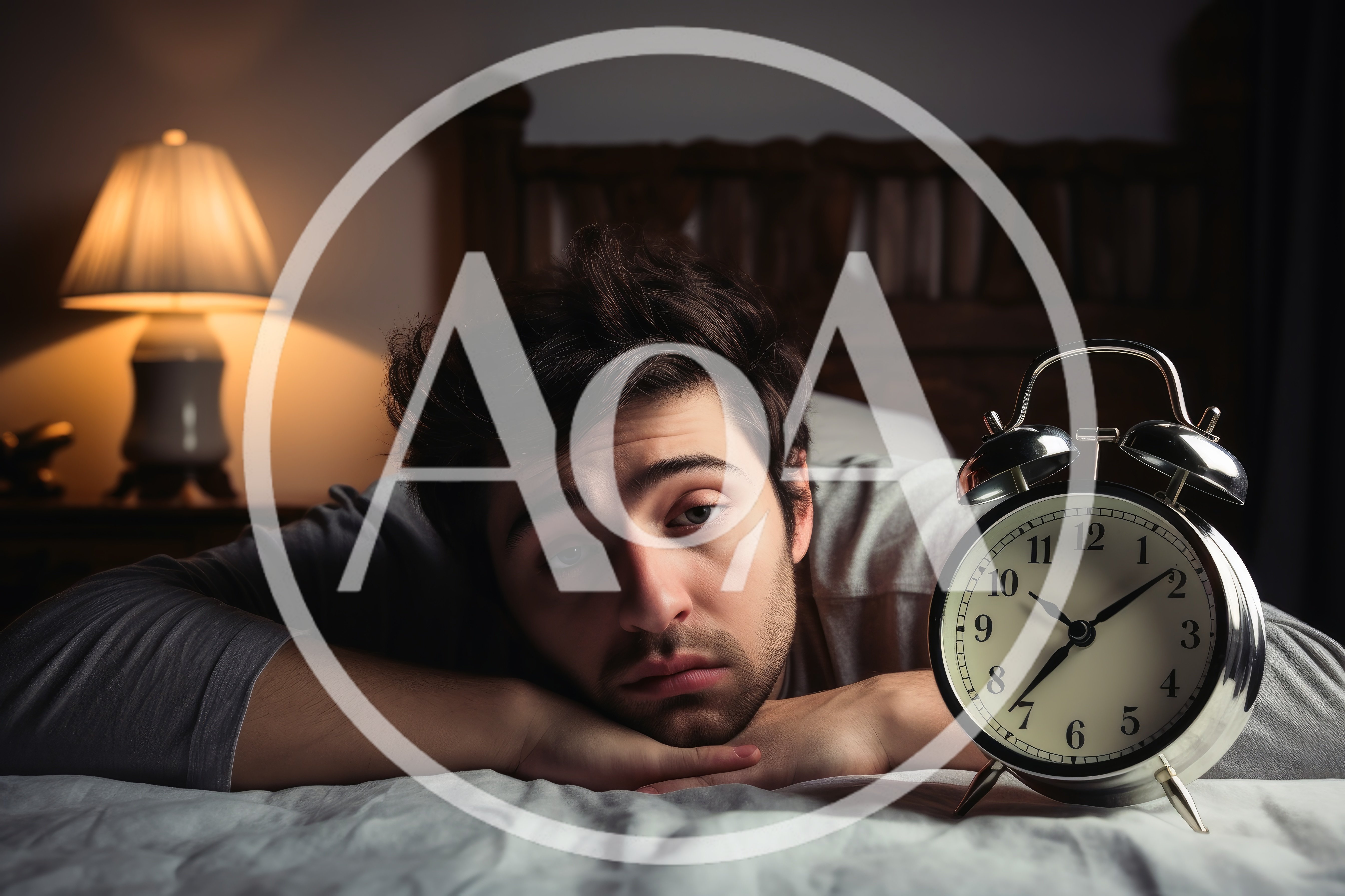 Tired Man Lying In Bed With Alarm Clock