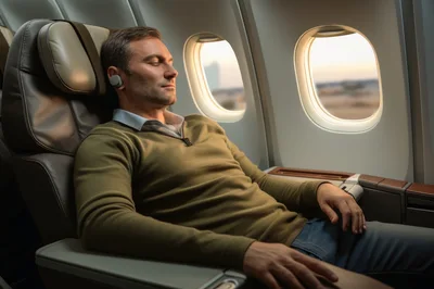Man Sleeping In Airplane Business Class Seat